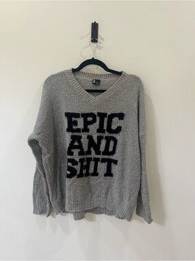 Sparkle & Fade Gray V-Neck Sweater with Black Bold Text